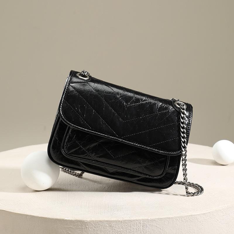New niche shoulder bag women's chain bag burst pattern first layer cowhide messenger bag women