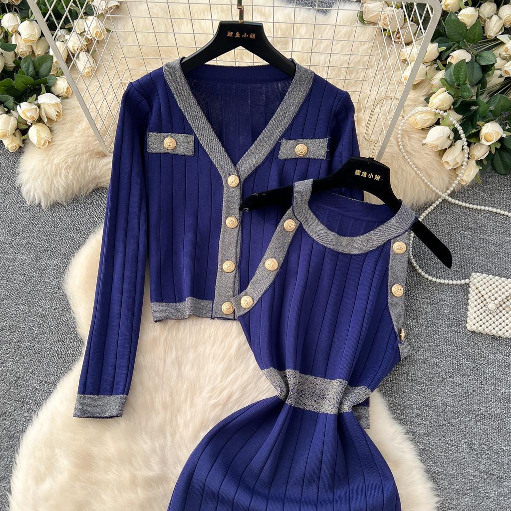 Autumn Winter Women Knitted Sweater Two Piece Set V-neck Jacket Coat and Sleeveless Long Midi Slim Bodycon Sheath Dress Suit