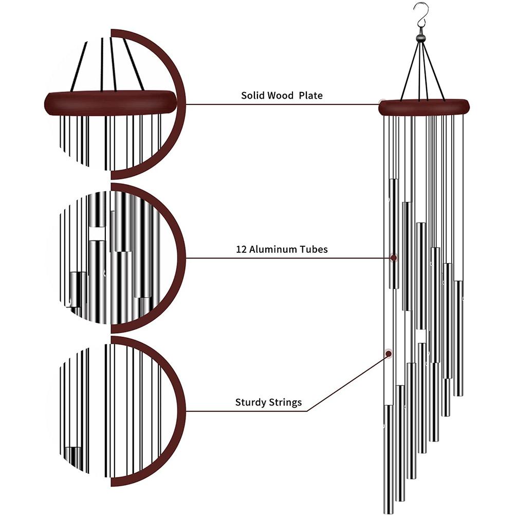 Metal Wind Chimes with 12 Aluminum Alloy Tubes Hanging Sympathy Wind Chimes for Home Garden