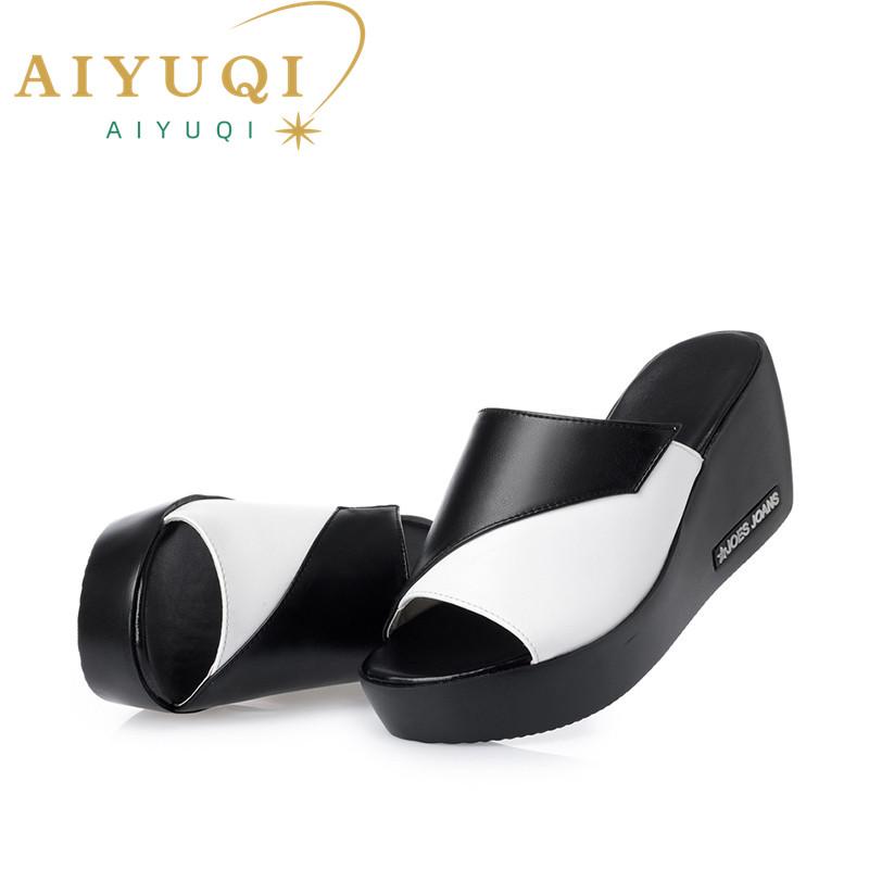 Модные женские шлепанцы на платформе AIYUQI 2024 новая летняя женская обувь из натуральной кожи на высоком каблуке большого размера 41 42 43 женские шлепанцы
