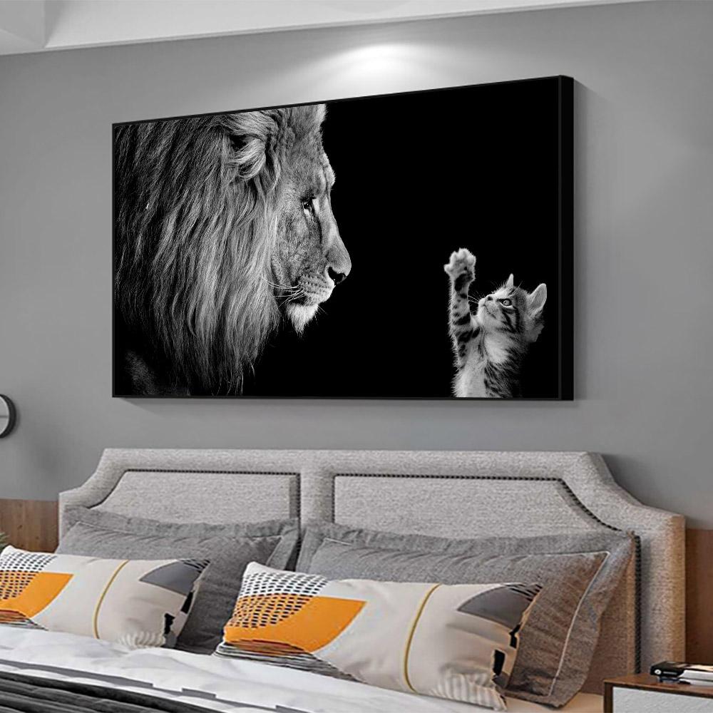 Черно-белый постер с изображением животных Лев и маленькая кошка, холст, картина, настенные художественные картины для гостиной, домашний декор, Cuadros Decorativos