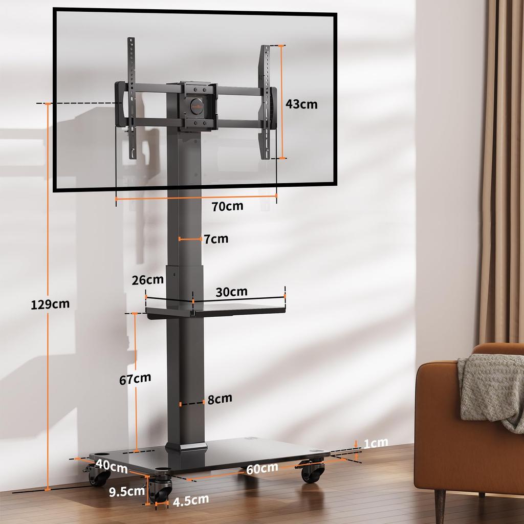 Подставка для телевизора Perlegear с настенным креплением для телевизора, высокая мобильная настенная подставка для телевизора, совместимая с нагрузкой, высота 6 ярусов, черный цвет PGTVMC15 Ролики, Подставка, Тип, Подставка,