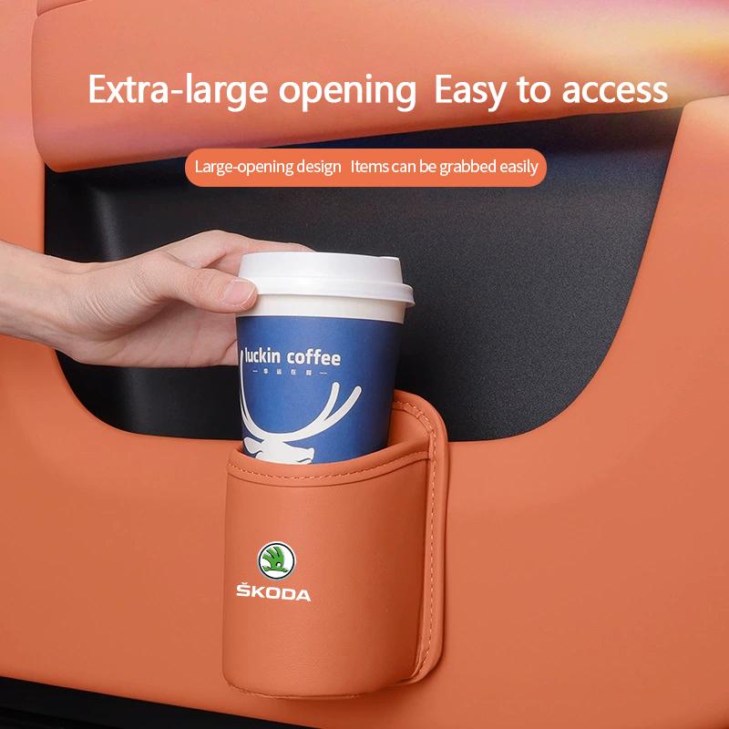 HIAQ2 Leather Car Door Side Water Cup Holder Interior Storage Box For Skoda Superb Octavia Rapid Karoq Enyaq Fabia Kamiq Yeti Scala