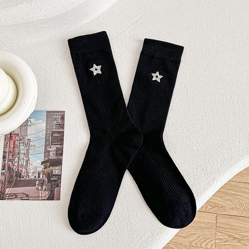 Dui Dui Socks Women's Spring Five-pointed Star Embroidered Mid-calf Socks Pull A Long Calf Sock