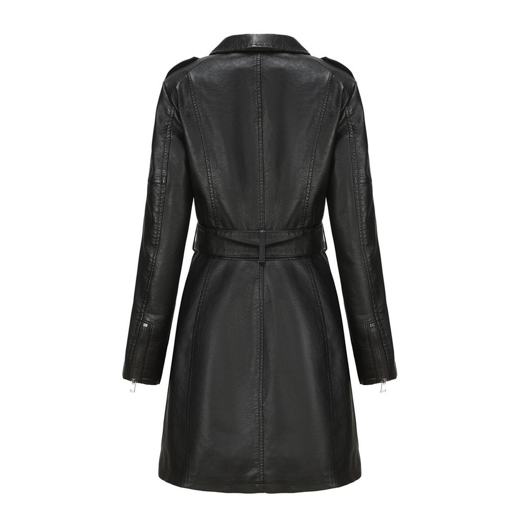 New Mid Length Leather Jacket With Waistband Women's Long Sleeved Leather Trench Coat Fashion British Coat