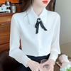 Fashion New 2024 Autumn Long Sleeve Bow Turn Down Collar Office Lady White Chiffon Blouse Shirt Women Tops Blouses Shirts J506