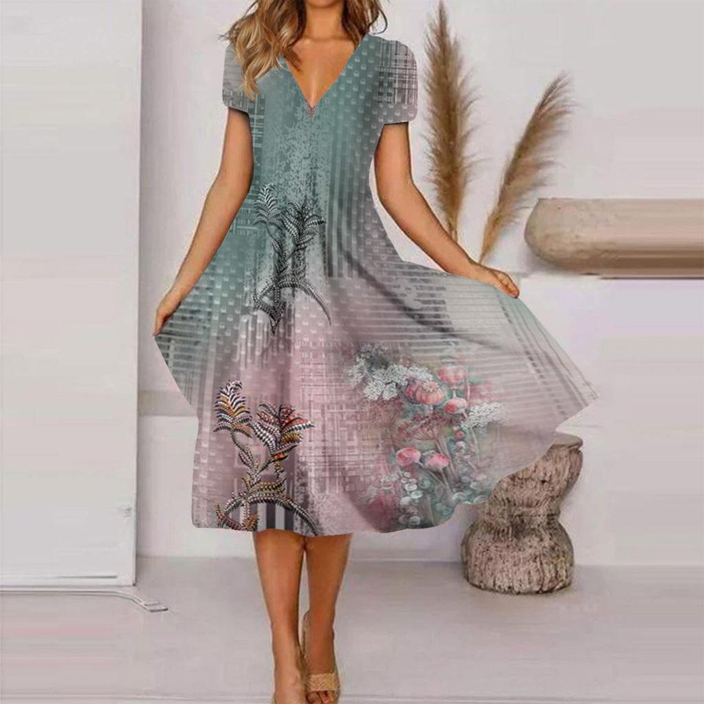 Women's Fashion And All-match Summer Temperament V-neck Printed Short-sleeved Dress