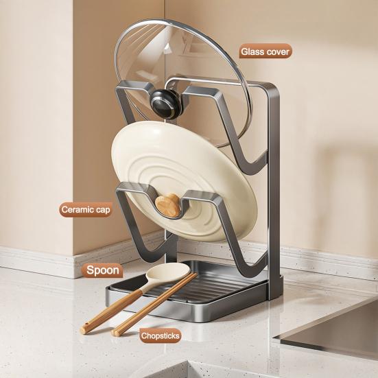 Держатель крышек для кастрюль на столешницу во время готовки, кухонный органайзер для крышек кастрюль с подставкой для ложки, стойка для хранения крышек сковородок из углеродистой стали с поддоном для капель для крышек кастрюль