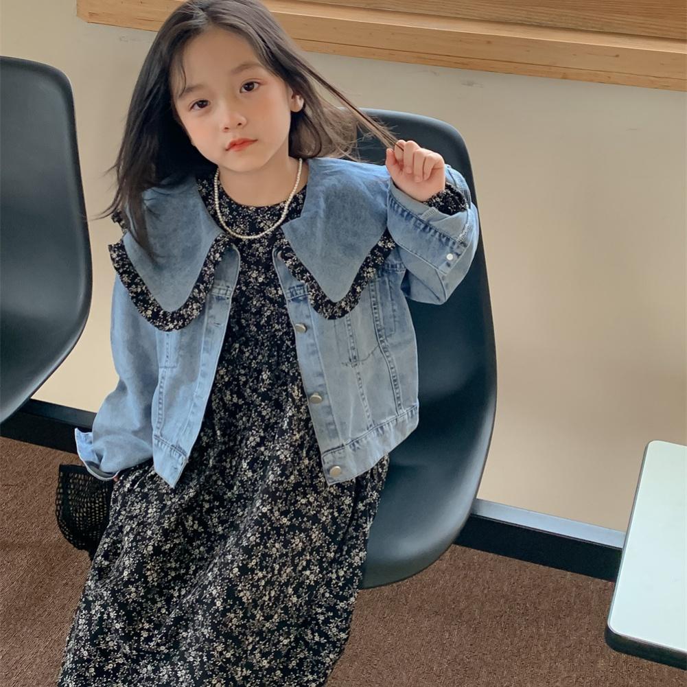 Детские комплекты одежды для девочек, осенняя детская одежда, милая джинсовая куртка с лацканами, платье с цветочным принтом, одежда из 2 предметов для маленьких девочек
