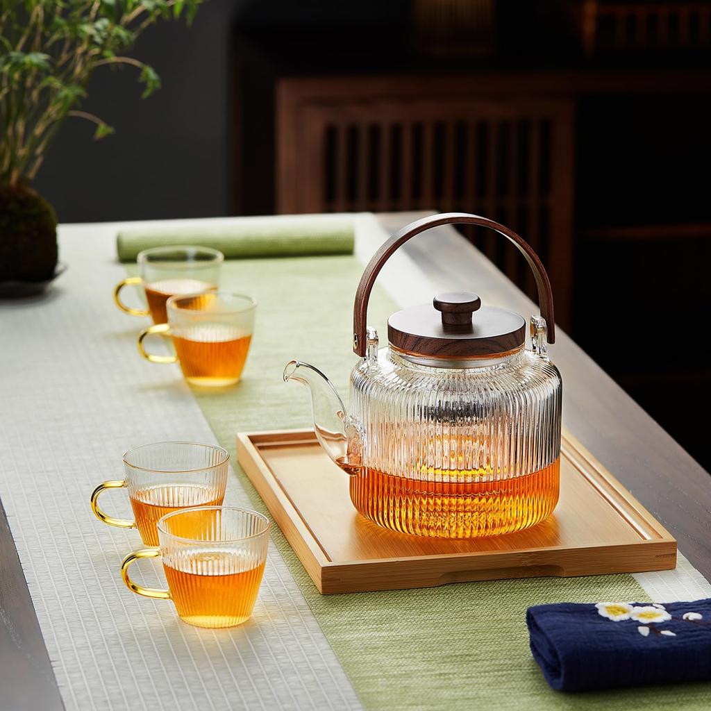 Pokaro Tea Teapot, Heat-Resistant Glass with Vertical Stripes, 1.1L Full Capacity, Includes Two Detachable Tea Strainers, Suitable for Steaming and