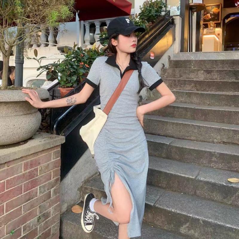 Women's Dress Summer Sexy Slit Waist Slim-fit Bag Hip Midlength Dress