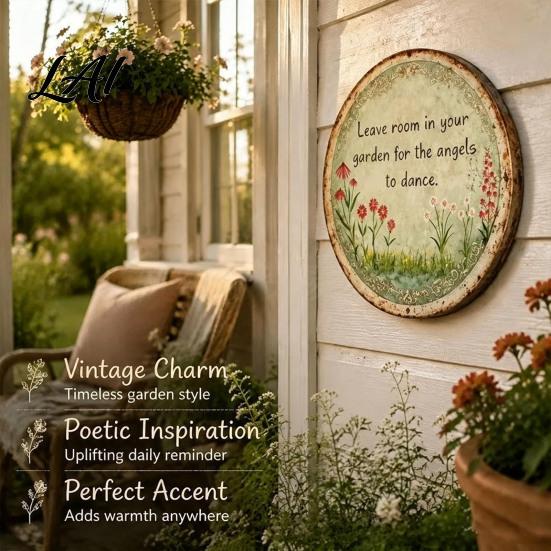 Aesthetic Metal Craft Round Garden Sign Retro Distressed Iron Wall Decor Weather Resistant Home Decoration Vintage Art Plaque for Outdoor Courtyard