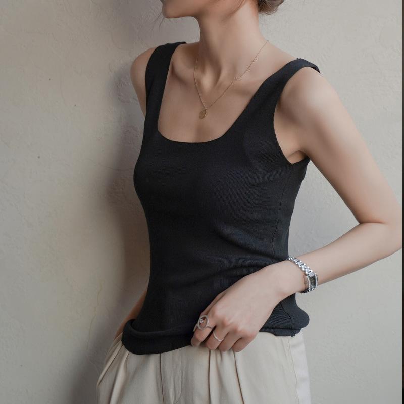 Летний тонкий трикотажный жилет с квадратным воротником, небольшой халтер, женщины могут носить свободный топ без рукавов, белый, модный тренд