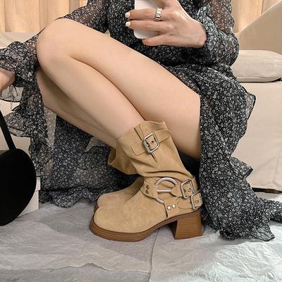 2025 новые летние тонкие ковбойские сапоги в стиле вестерн женские тонкие короткие сапоги на толстой подошве коричневые средние сапоги темпераментные рыцарские сапоги