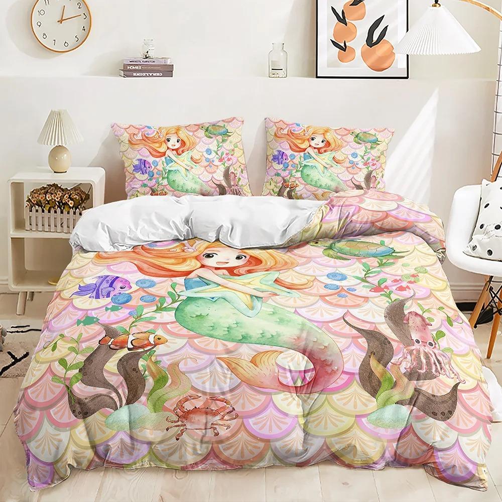 Cartoon Mermaid Bedding Set Comfortable Duvet Quilt Cover Pillowcase Bedding Set Children Bedroom Decoration Home Textile