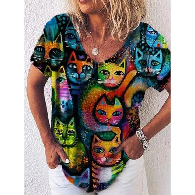 Women's 3d Cats Print T-Shirt Fashion Woman Blouses Funny Kawaii V-Neck T Shirt Female Clothing Oversized Summer Tops Tees KTB