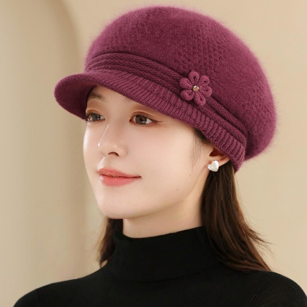 Women Fashion Winter Warm Hat Flower Design Plush Fur Lined Warm Hats For Women Casual Rabbit Fur Blend Outdoor Knitted Cap