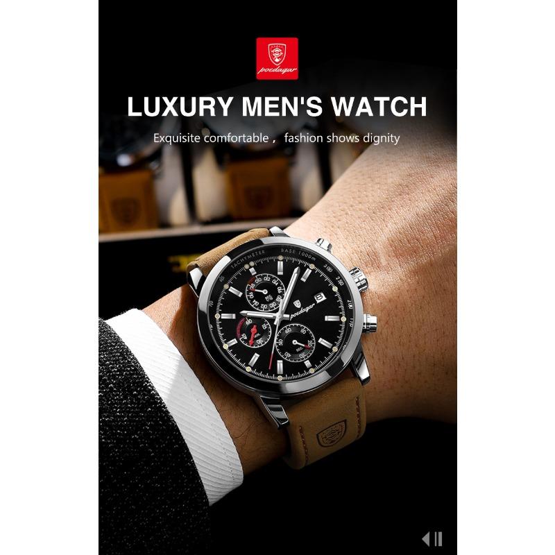 POEDAGAR Functional Luxury Man Wristwatch Date Waterproof Luminous Chronograph Men Watch Male Leather Quartz Watches