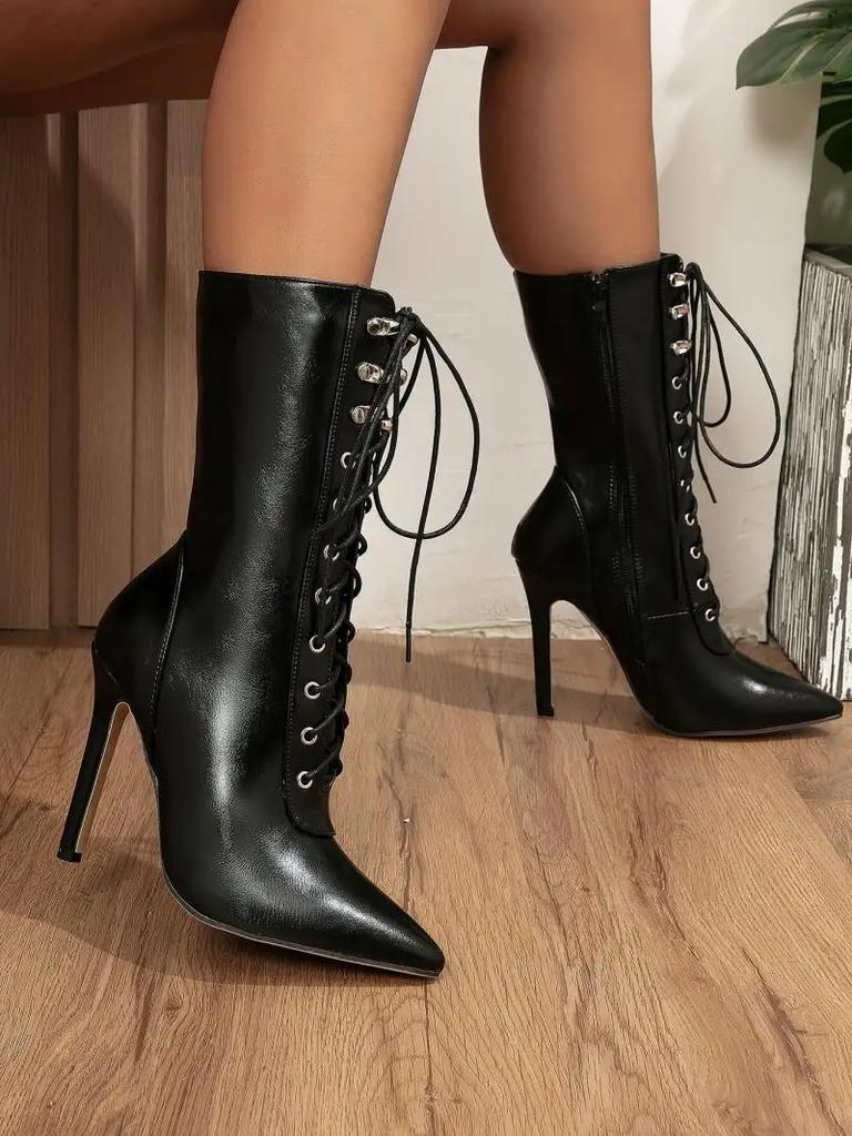 Осенне-зимние женские ботильоны, сексуальные туфли-лодочки на высоком каблуке для танцев на пилоне с острым носком, модные туфли «Челси» на молнии на шнуровке Female2024