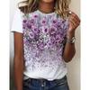 Summer Women's T-shirt Casual Outdoor Round Neck Short Sleeve Tops Purple Flower Printed Style OverSize Fashion Women's Clothing