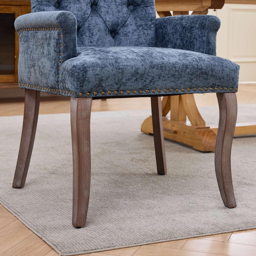 Upholstered Chenille Fabric Accent Dining Chair, Curved Solid Wood Legs, Elegant Tufted Dining Room Kitchen Arm Chair, Single Pack, Blue, DE1895BL