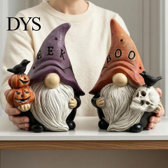 Unique Holiday Shelf Decor Halloween Gnome Statue, EEK BOO Resin Elf Dwarf Figurine with Pumpkin Creative Indoor Party Tabletop Crow Skull,