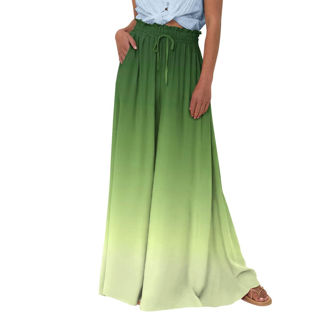 Женские широкие брюки с высокой талией, летние повседневные струящиеся брюки-палаццо, пляжные брюки с принтом и карманом