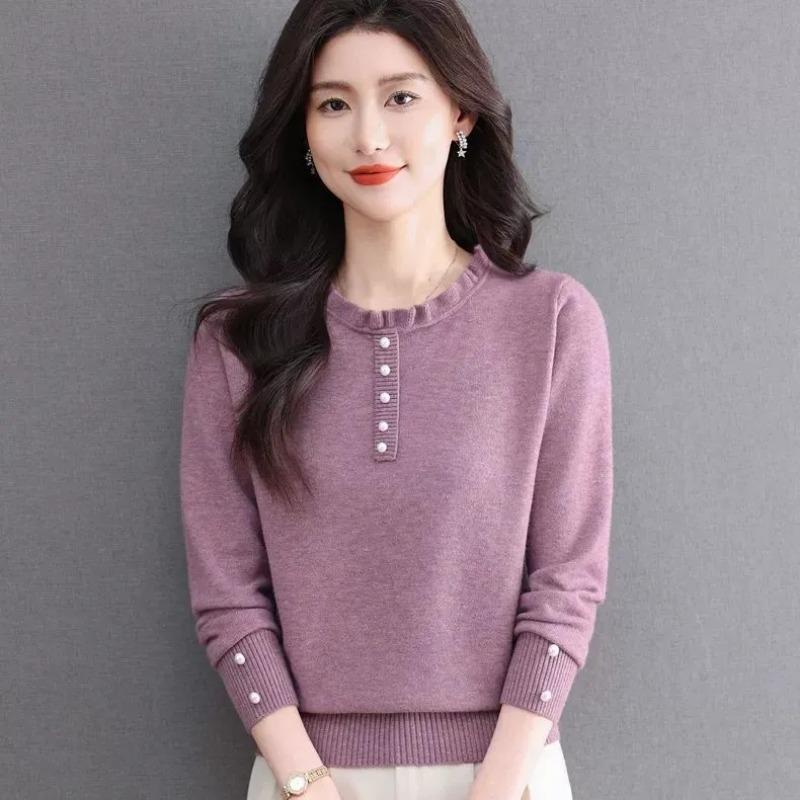 Women S Long Sleeve Thin Knit Top With Frill And Beads Casual Outerwear