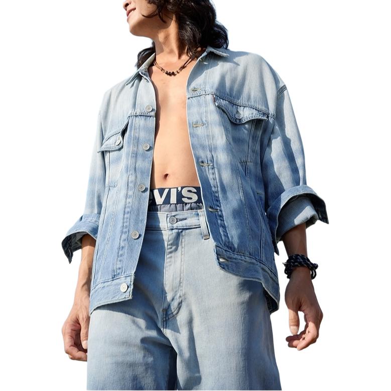 Levis Свободная Повседневная Куртка Джинсовая Мужская с Лацканами Однобортная с Длинным Рукавом Куртки Светло-Голубая 003ML-0000