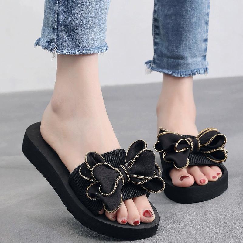 New Handcrafted Bright Black Bow Slippers Fashion Flat Slippers Women