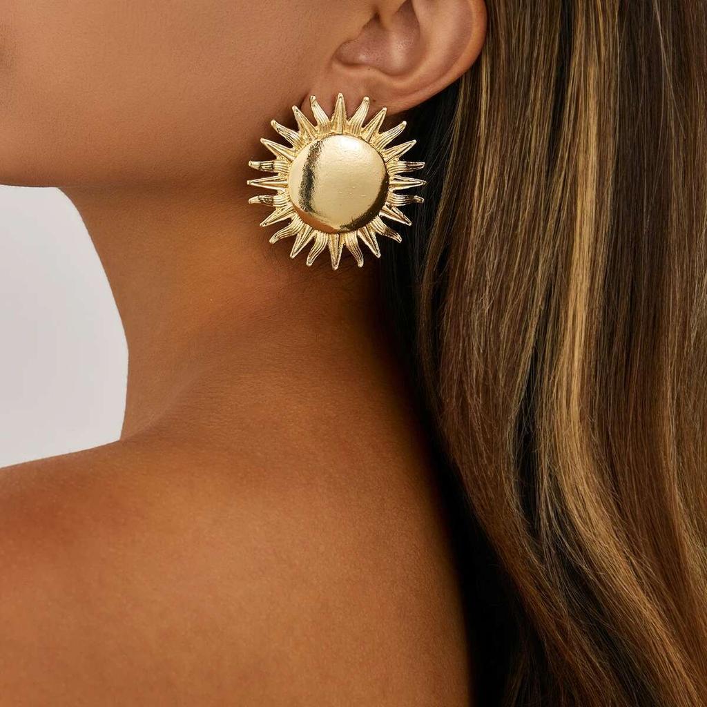 PuRui Punk Big Sunflower Studs Earrings Women Trendy Smooth Geometry Piercing Simple Earrings Summer Vacation Zircon Gift New