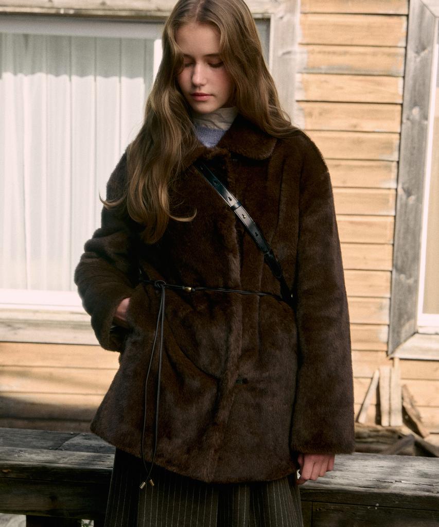 Lememe Cannelle Belted Fur Half Jacket Deepbrown