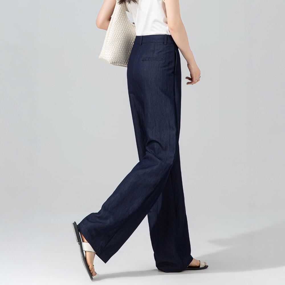 Wide-leg pants women's summer thin old money style high waist straight tube drape thin women's casual trousers dark blue trousers