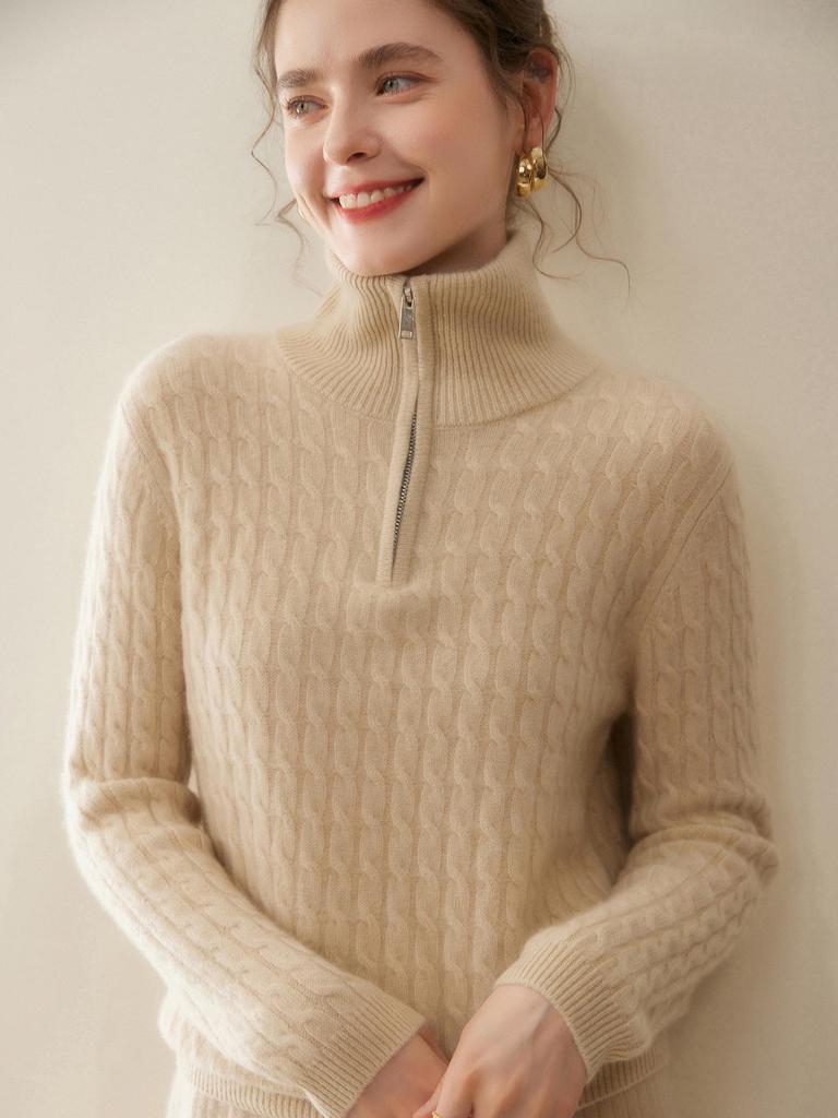 Women's Thickened Cashmere Half-Zip Knit Sweater - Loose Fit, Soft, Turn-Down Collar for Autumn and Winter