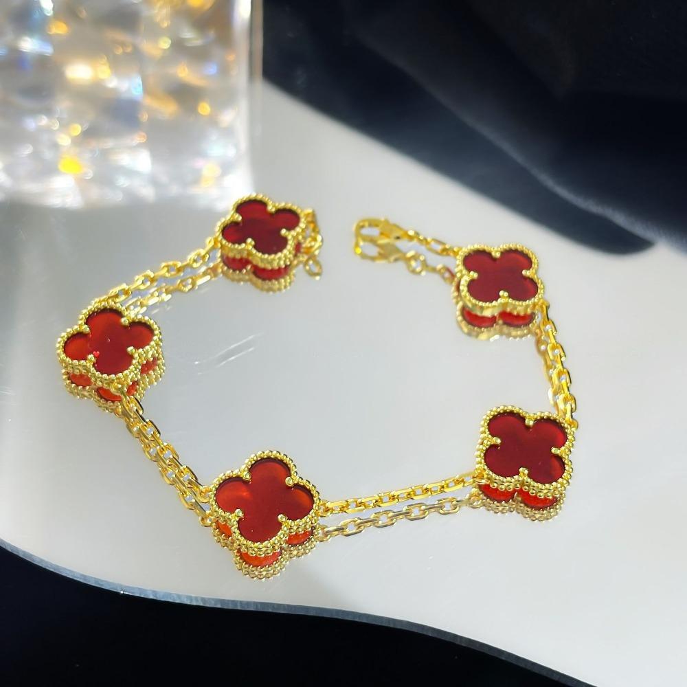 Браслет «Четырехлистный клевер» с пятью цветками, версия High, натуральный фиолетовый халцедон, лазерная CNC-резьба, 18 карат, не тускнеющий, женский браслет