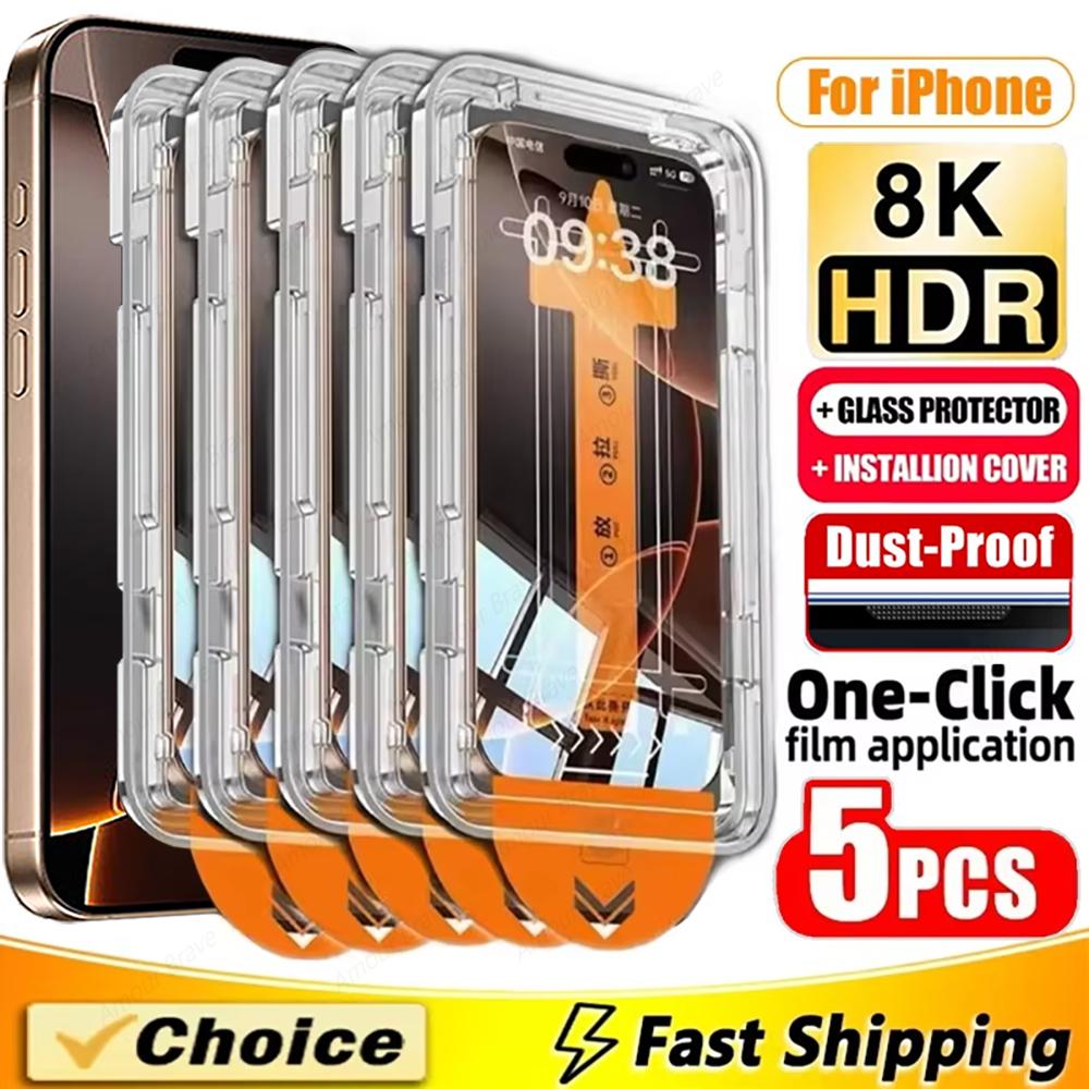 5Pcs Ultra HD 8K Dust Free Screen Protector For iPhone 16 15 14 13 12 11 17 Pro Max 16e Plus 17 Air Glass Easy Installation Box2