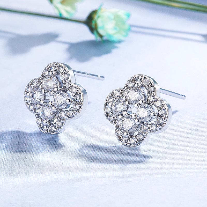 Korean Luxe Full Diamond Four-Leaf Clover Earrings - Elegant, Simple Design
