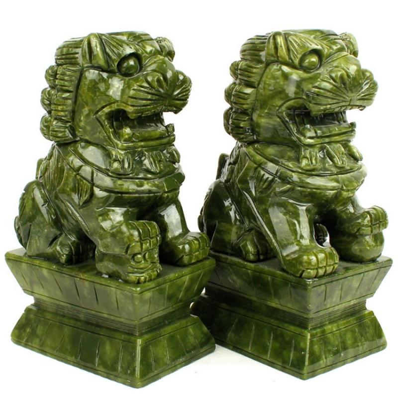 1 Pair China Green Jade Carved Fengshui Foo Fu Dog Guard Door Lion Office Decor