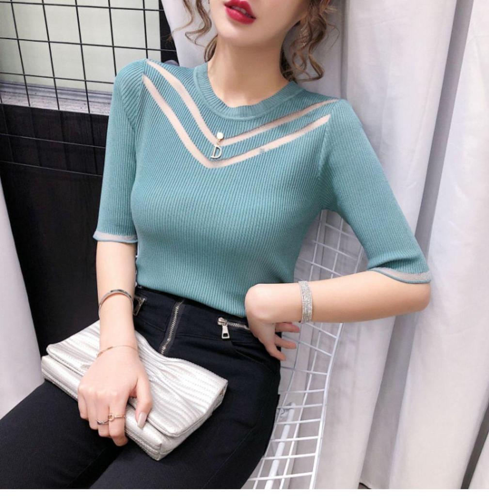 Ледяной шелковый вязаный свитер, женская свободная футболка с круглым вырезом, пуловер с короткими рукавами, свитер, весна-лето, вязаный топ