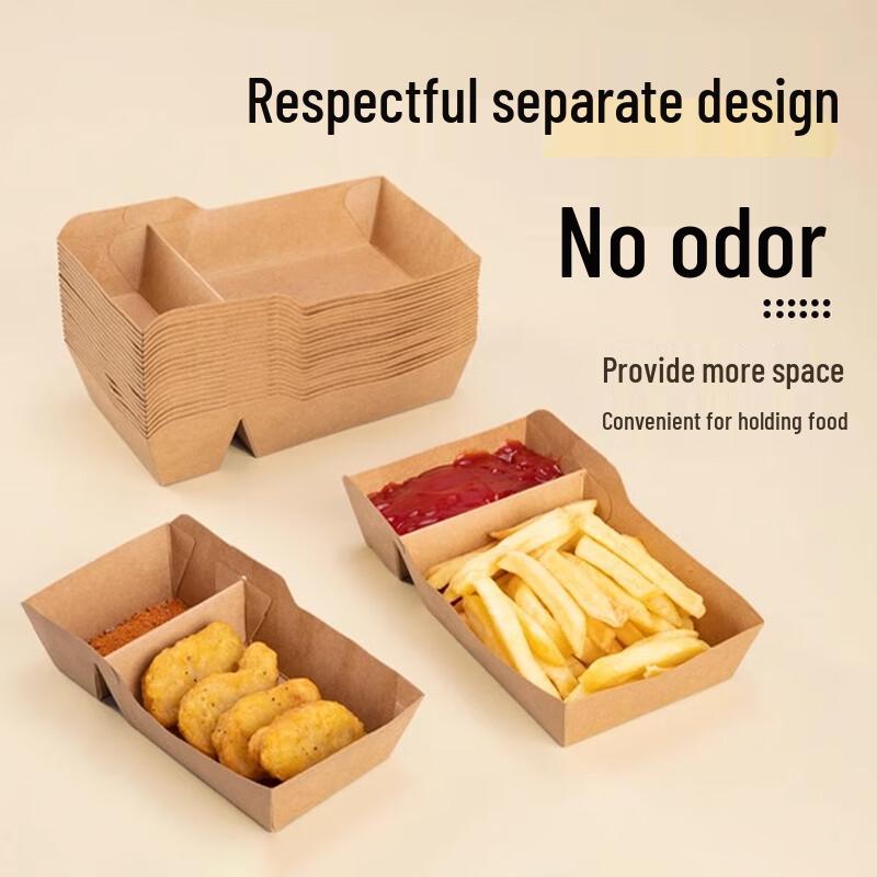 Miaojiayi Disposable Kraft Paper Double Compartment Boat Takeout Boxes