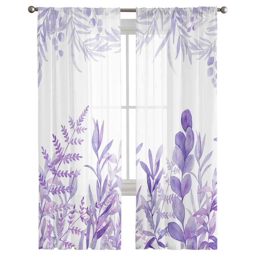 Акварельные фиолетовые домашние тюлевые шторы с растениями для спальни, гостиной, прозрачные шторы с принтом для балкона, летний домашний декор