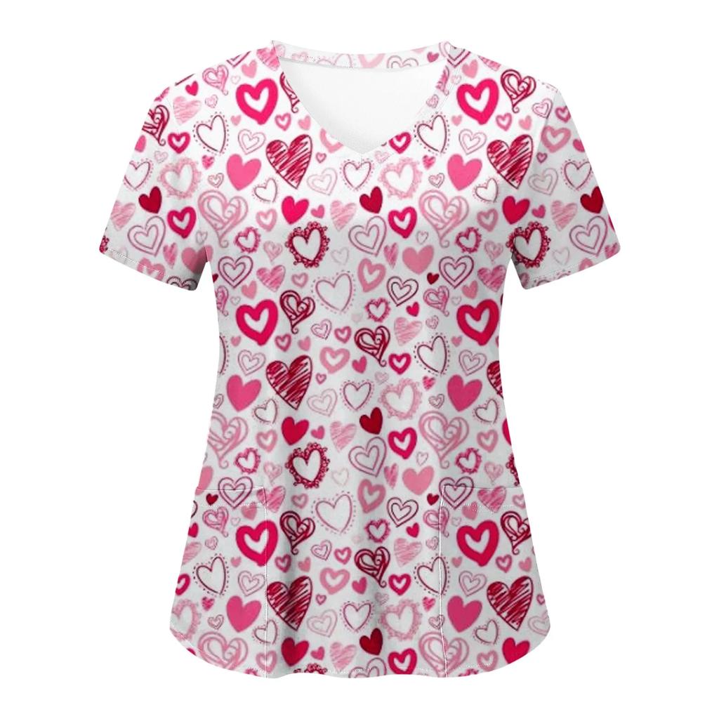 Women Working Uniform Smile Heart Print Cartoon Cat Dog Short Sleeve V-neck Tops Femme Blouse Nurse Work Wear Medical Uniforms
