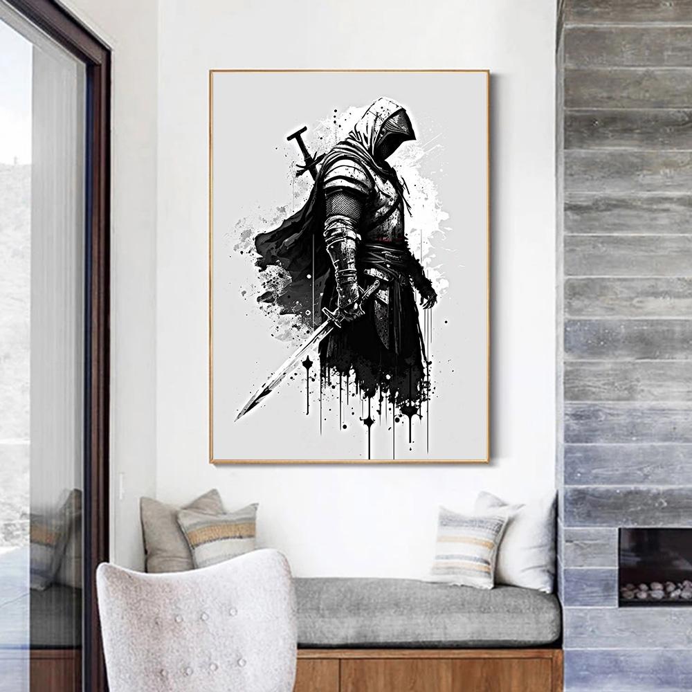 Винтажный абстрактный минималистичный рыцарь-убийца, чернильная стирка, художественная картина на холсте, настенный постер, принты, фотографии для гостиной, спальни, декор