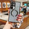 KEYSION Магнитный чехол для телефона с леопардовым принтом и блестками для Samsung Galaxy S21 S22 S23 S24 S25 S26 Ultra S26+ S25 FE с плюшевым шнурком, противоударный чехол