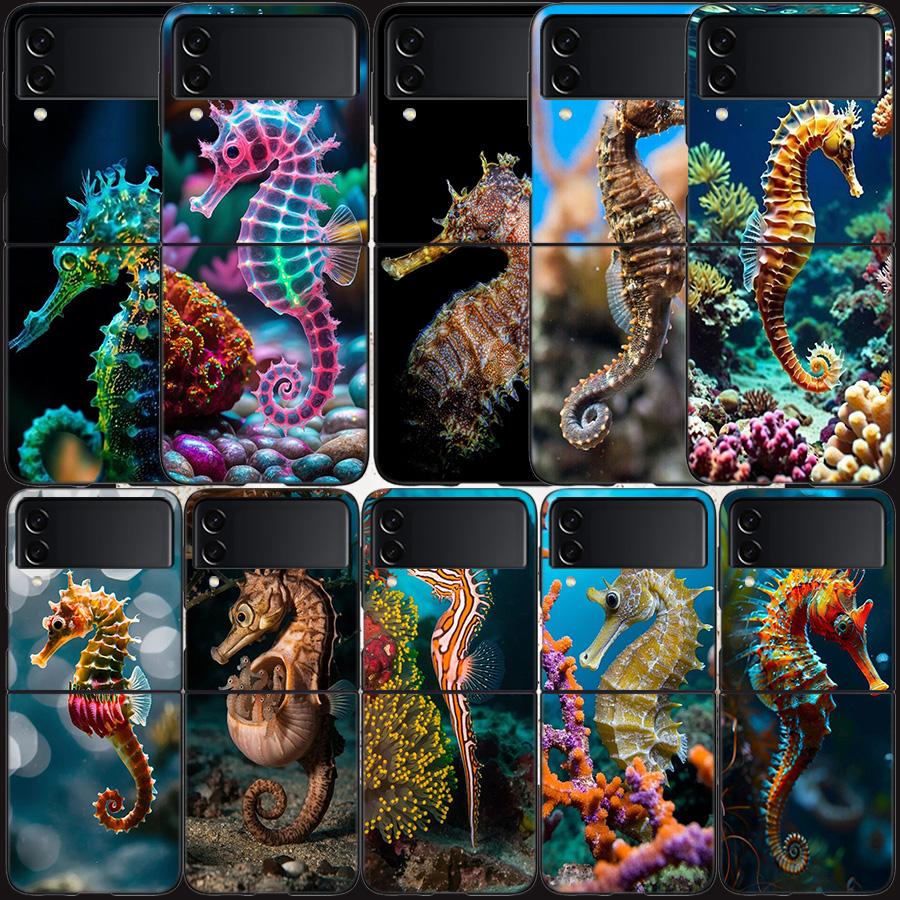 Seahorse Underwater Fantasy Case For Samsung Z Flip 6 5G Galaxy Z Flip 5 4 3 5G Black Hard Cell Phone Cover Luxury PC Shell Coqu