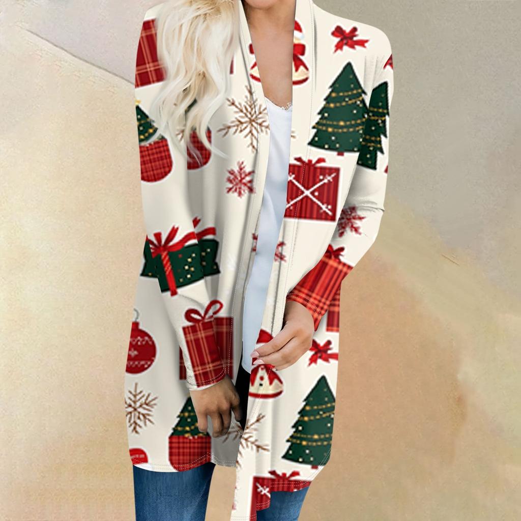 Женская мода повседневная куртка-кардиган средней длины с принтом рождественской елки