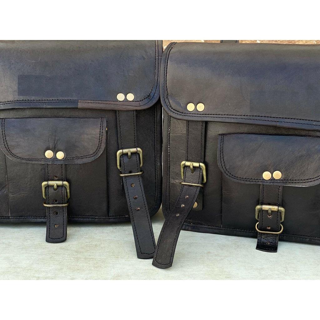 Leather Motorcycle Black Saddle Pouch Bags Panniers Tool Luggage (Handmade Bags)