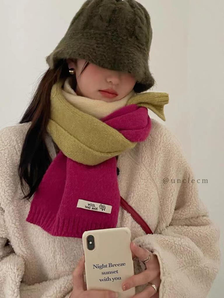 Three-Color Contrast Wool Scarf: Unisex Warm Knitted Winter Shawl & Neckband
