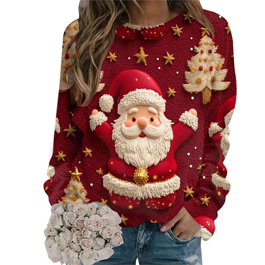 Ladies' Christmas Printed Long Sleeved Round Neck Hoodie Loose Top