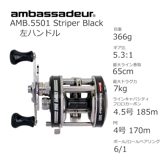 AbuGarcia AMB.5501 Striper Black, Left Handle, Round Reel, Classic, Sweden